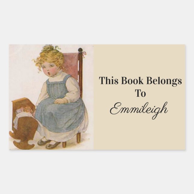 Vintage Little Girl with Doll Bookplate Rectangular Sticker (Front)