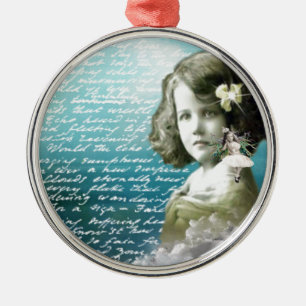 Vintage little girl with guardian angel metal ornament