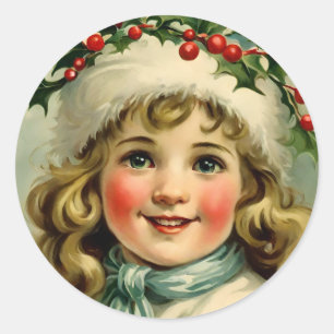 Vintage little girl  with  mistletoe classic round sticker