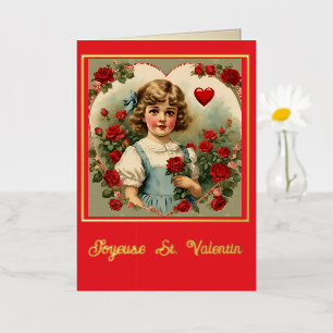 Vintage Little Girl with Roses – French Valentine Foil Greeting Card