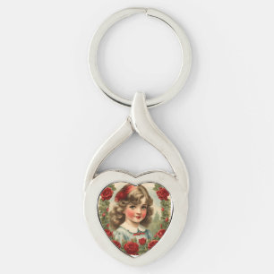 Vintage little girl with roses key ring