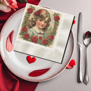 Vintage little girl with roses napkin