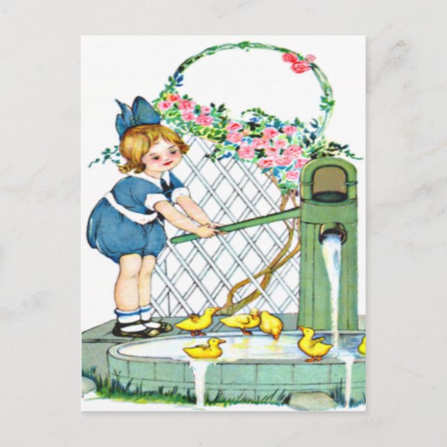 Vintage little girl, yellow chicks, ducks postcard (Front)