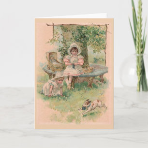 Vintage - Little Girls Playing with a Puppy, Card