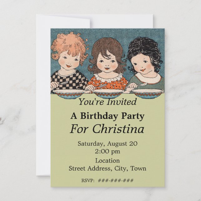 Vintage Little Girls Three Sisters Birthday Invitation (Front)