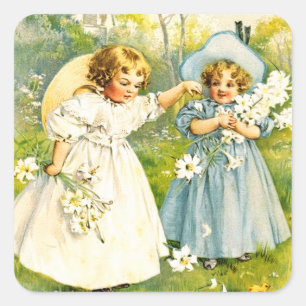 Vintage Little Girls with Chicks. Easter  Square Sticker