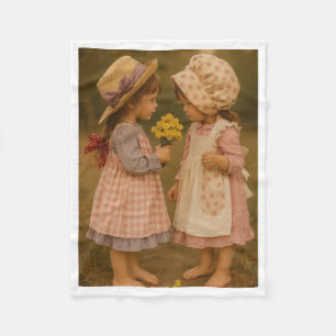 Vintage Little Girls with Flowers Art Fleece Blank Blanket