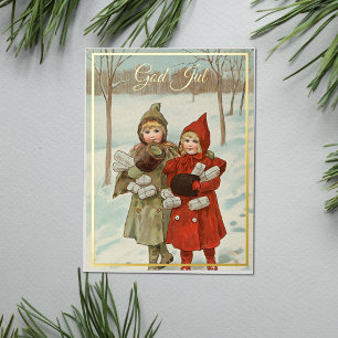 Vintage Little Girls with parcels - golden Foil Holiday Postcard