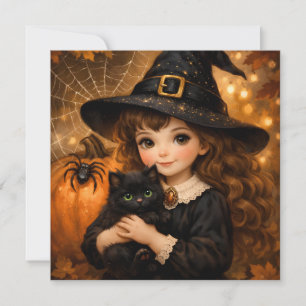 Vintage Little Halloween Witch with Black Cat Card
