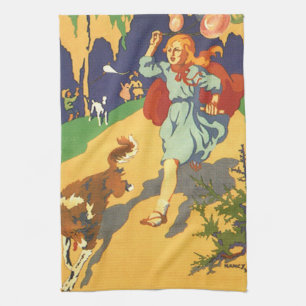 Vintage Little Red Riding Hood, Dog and Balloons Tea Towel