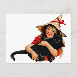 Vintage Little Witch and Cat Postcard