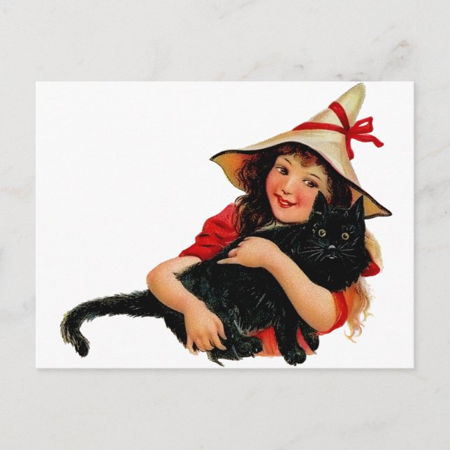 Vintage Little Witch and Cat Postcard (Front)