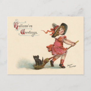 Vintage Little Witch Halloween Greetings Postcard