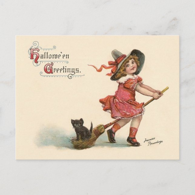 Vintage Little Witch Halloween Greetings Postcard (Front)