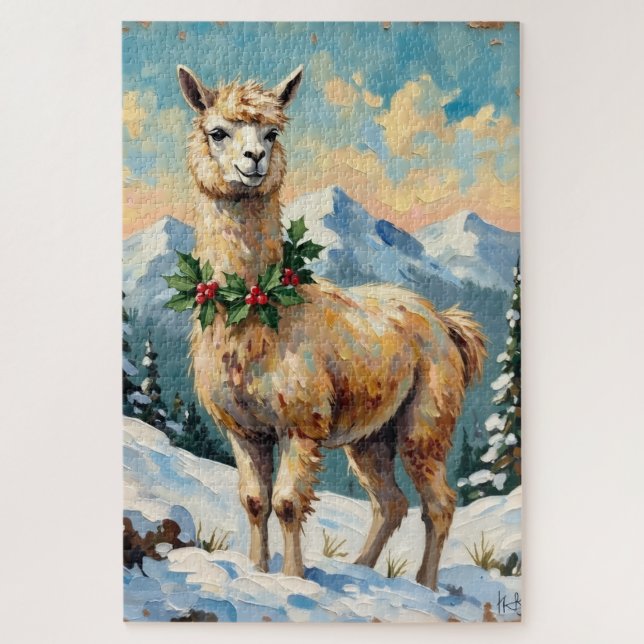 Vintage Llama in Snowy Christmas Meadow Jigsaw Puzzle (Vertical)