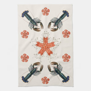 Vintage Lobster and Coral Design Collage Tea Towel