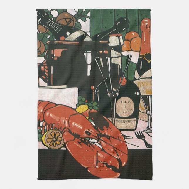 Vintage Lobster Champagne; Fancy Elegant Party Tea Towel (Vertical)