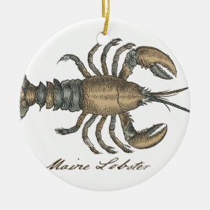 Vintage Lobster Illustration: Coastal Damask Ceramic Tree Decoration