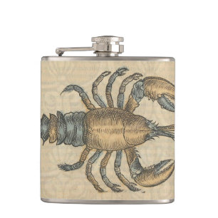 Vintage Lobster Illustration: Coastal Damask Hip Flask
