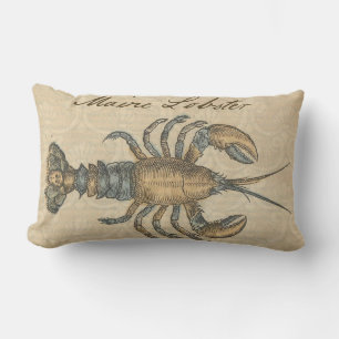 Vintage Lobster Illustration: Coastal Damask Lumbar Cushion