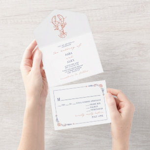 Vintage Lobster Red & Blue RSVP Farm Wedding All In One Invitation