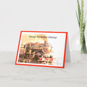Vintage loco in full steam, personalized birthday card