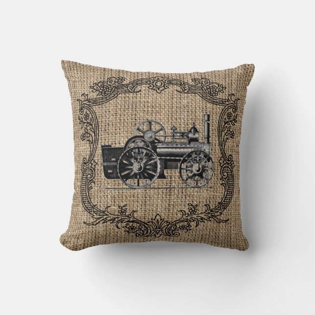Vintage Locomotive Burlap Cushion (Front)