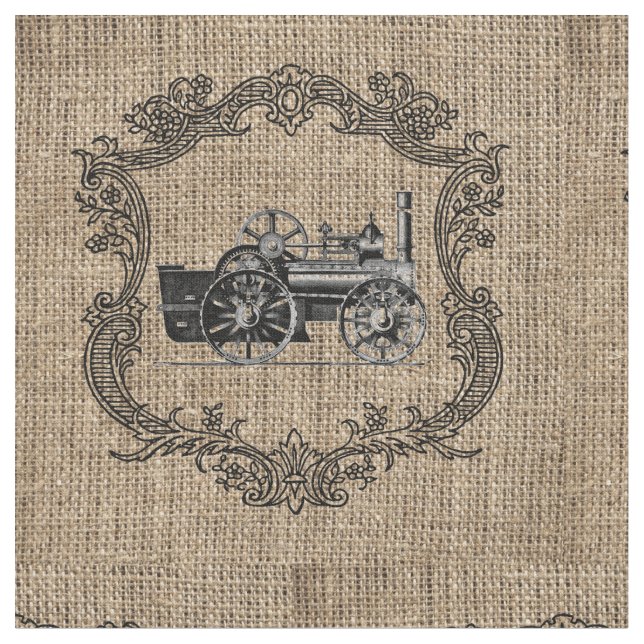 Vintage Locomotive Burlap Fabric (Close Up)