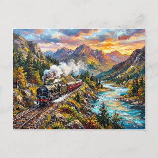 Vintage Locomotive River Viaduct Bridge Painting Postcard