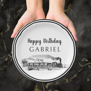 Vintage Locomotive Steam Train Birthday Paper Plate