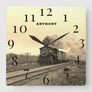 Vintage Locomotive Train Engine Railway Steam Square Wall Clock