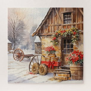 Vintage Log Homes Decorated for Outdoor Christmas  Jigsaw Puzzle