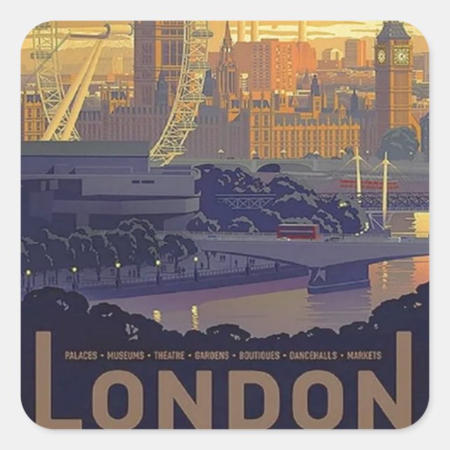 Vintage London Big Ben Parliament Thames River Square Sticker (Front)