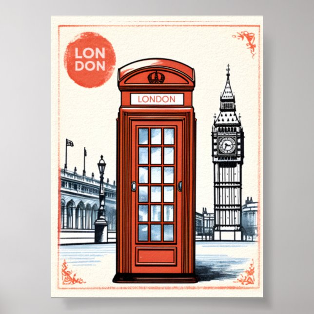 Vintage London City Retro British Phone Booth Poster (Front)