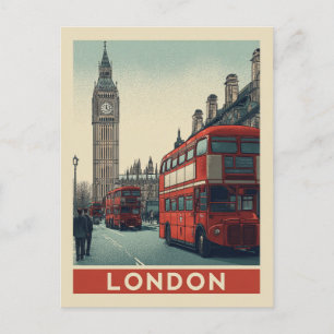 Vintage London England Big Ben Red Bus Travel Postcard