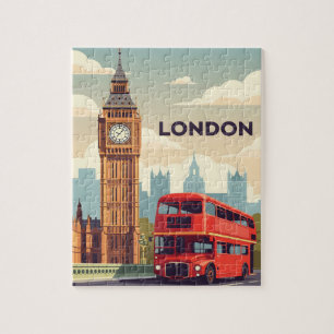 Vintage London with Big Ben and Red bus Jigsaw Puzzle