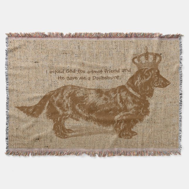 Vintage Long-haired Dachshund Dog Personalised Throw Blanket (Front)