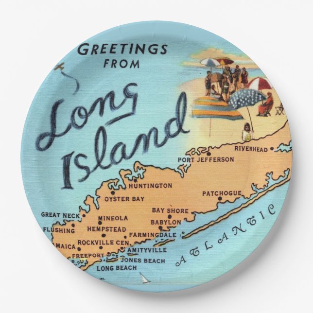 Vintage Long Island Map Paper Plate (Front)