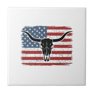 Vintage Longhorn Skull American Flag Vector Design Ceramic Tile