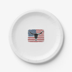 Vintage Longhorn Skull American Flag Vector Design Paper Plate