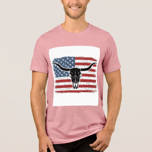 Vintage Longhorn Skull American Flag Vector Design Tri-Blend Shirt