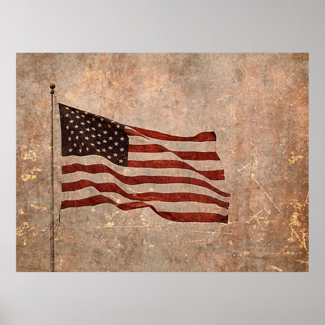 Vintage Look American Flag on Antiqued Background Poster (Front)