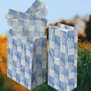Vintage Look Denim Blue Creamy White Patchwork  Wine Gift Bag