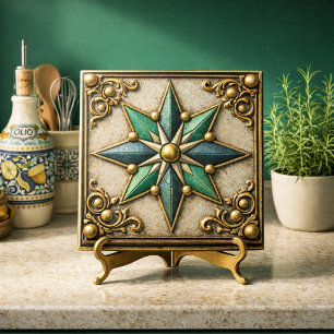 Vintage Look Emerald Green & Gold Star Ceramic Tile