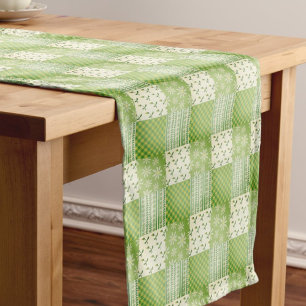 Vintage Look Green Yellow Ecru Patchwork Medium Table Runner