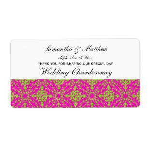 Vintage Look Lime Hot Pink Damask #2 Wine Label