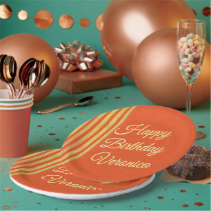 Vintage Look Orange and Gold Personalise Birthday Paper Plate