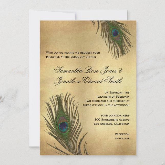 Vintage Look Peacock Feathers Wedding Invitation (Front)