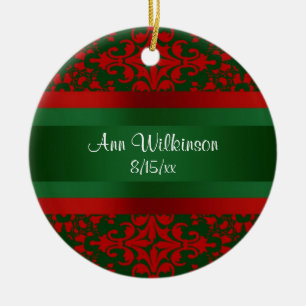 Vintage Look Red & Green Damask #2 Ceramic Tree Decoration