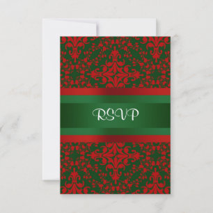 Vintage Look Red & Green Damask #2 RSVP Card